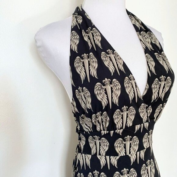 FAITH CONNEXION BLACK COMBO ALLOVER WINGS HALTER STRETCH LONG DRESS - M - Picture 4 of 9
